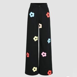 Cider Floral Mid-Rise Wide-Leg Black Jeans Boho Hippie Festival
